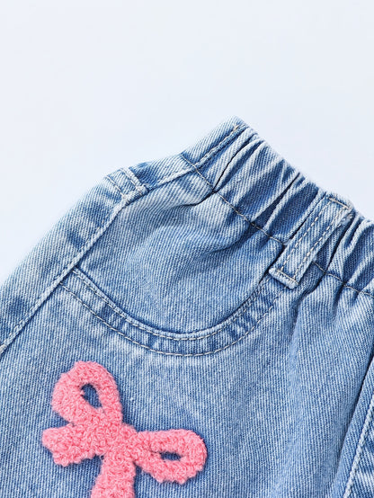 CuddClio Only 1 Pair Of Jeans Included. Baby Girls Loose-Fit Jeans For Fall & Winter, Cute Pink/Purple Bow Embroidered Jeans, Comfortable Denim With Elastic Waistband, Casual & Outdoor Wear, Ideal For Halloween/Christmas Gifts.