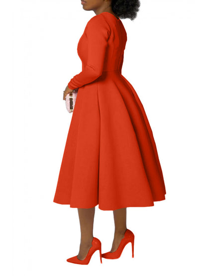 Plus Size - Plus Size Women'S Solid Color Round Neck Long Sleeve Back Pleated Flared Dress Autumn And Winter Elegant Long Dress
