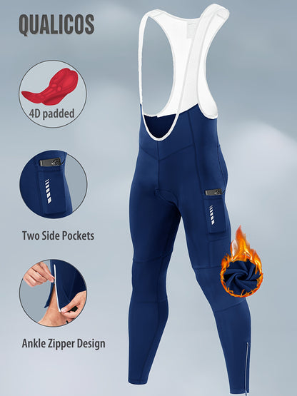 QUALICOS Men'S Insulated Cycling Bib Tights - Cold Weather Pants Featuring Fleece Lining, Shock-Absorbing Padding, Stretchy Mesh Material, Side Pockets & Ankle Zippers - Form-Fitting Bike Leggings for Winter Cycling, Running, And Commuting - Black