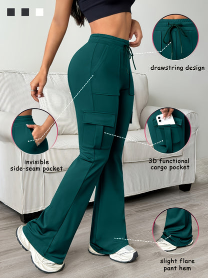 Women'S Solid Color Casual Drawstring Wide-Leg Sweatpants With Pockets, Elastic Waist Micro Flare Cargo Pants, Stretchy Pants For Daily Casual & Wear