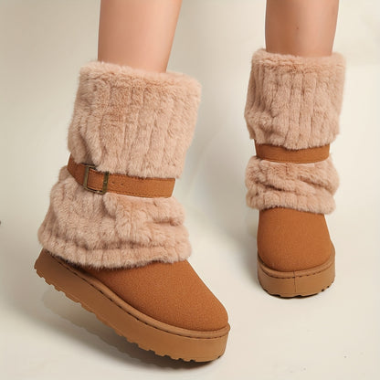 Women'S Mid-Calf Winter Boots with Plush Lining - Warm Fleece-Lined Upper, Adjustable Buckles And Slip-On Wide Fit for Cold Weather (Plus Size Available)