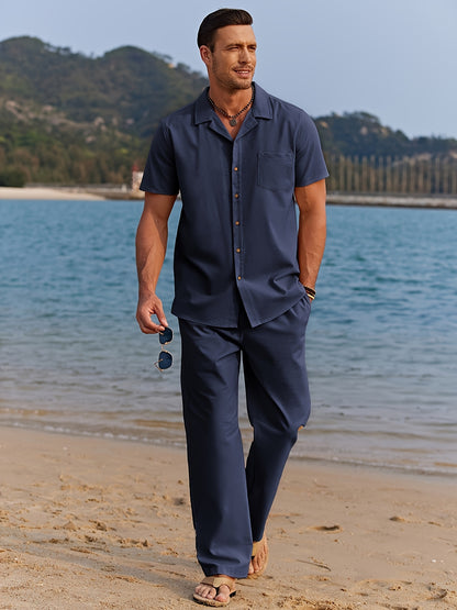 Men 2pcs Linen Outfit Beach Button- Shirt Casual Loose Pant Sets