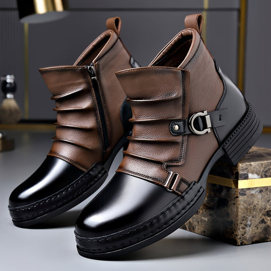Men'S Faux Two-Tone High-Top Ankle Boots - Ruched Detail, Side Zip & Buckle Strap, Casual Streetwear Boots