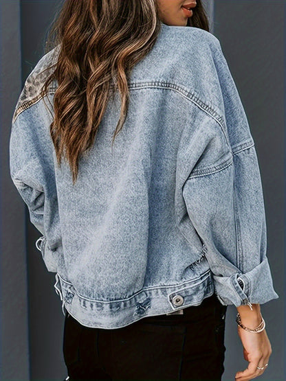 [Leopard Denim Jacket] Women's Button Distressed Leopard Denim Jean Jacket Washed Long Sleeve Ripped Cheetah Jean Coat