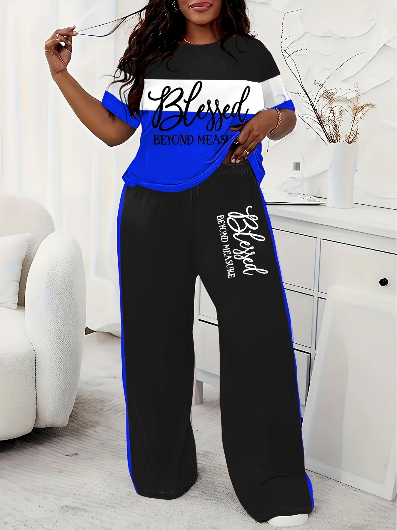 Plus Size, Ladies' Casual Short-sleeved Trousers Suit, Striped Print Letter Blessing, Loose Trousers with Pockets