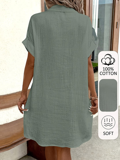 Women's 100% V-Neck Short Sleeve A-Line Dress - Button-Front Blouse Dress, Soft Breathable Casual to Semi-Formal Wear, Machine Washable All-Season Outfit (No) - Pure Shirt Dress