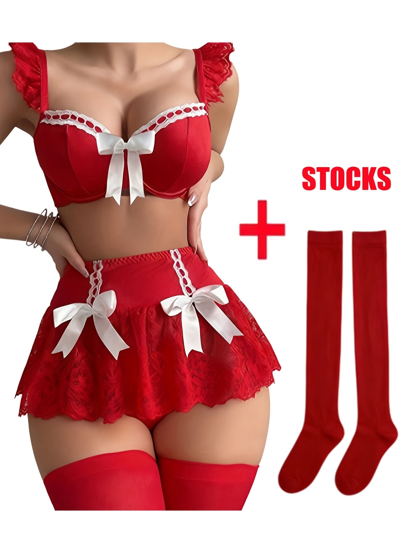 4pcs Women'S Red Lace Lingerie Set with White Bow - Bra, Lace Skirt, Thigh High Stockings & Thong, Seductive Intimate Wear for Roleplay & Nightwear, Lingerie for Women, Bodysuit Lingerie, Lingerie Sexy, Sexy Lingerie Set