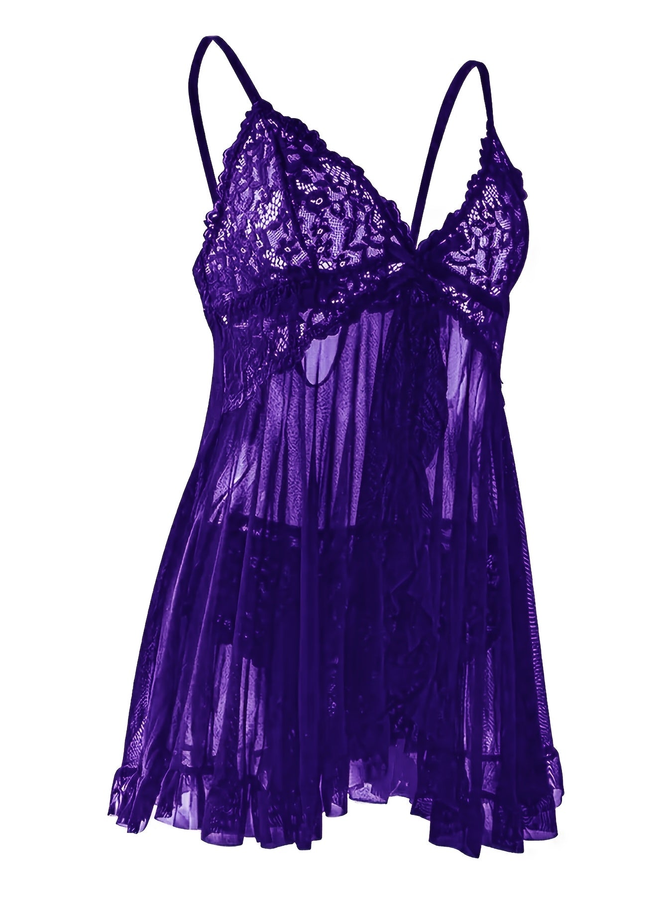 Big Size Sultry Valentine Lace Sleepwear Dress Set - Exquisite Lace, Flattering V-Neckline, Daring Backless Design, Delicate Ruffle Trim, Trendy Split Hem, Seductive Thong Detail, Ultra-Comfortable Fabric, Perfect For Romantic Night, Anniversary Gift