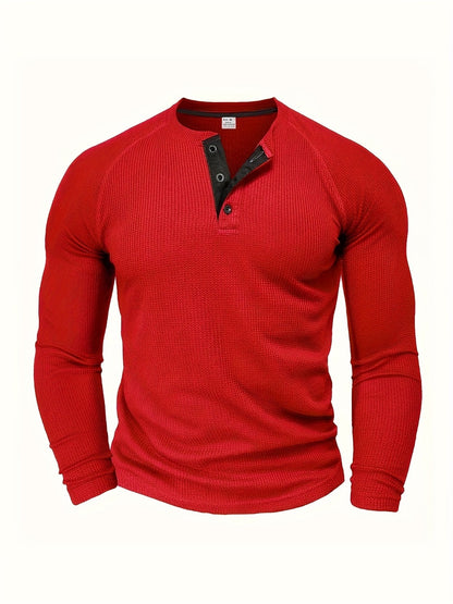 Men's Solid Color Casual Shirt - Crew Neck Long Sleeve