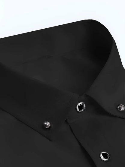 Men's Non-Iron Business Shirt Long Sleeve with Diamond Buttons& Button- Collar | Wrinkle-Free Stretch Polyester | Office Work Shirt in White& Black
