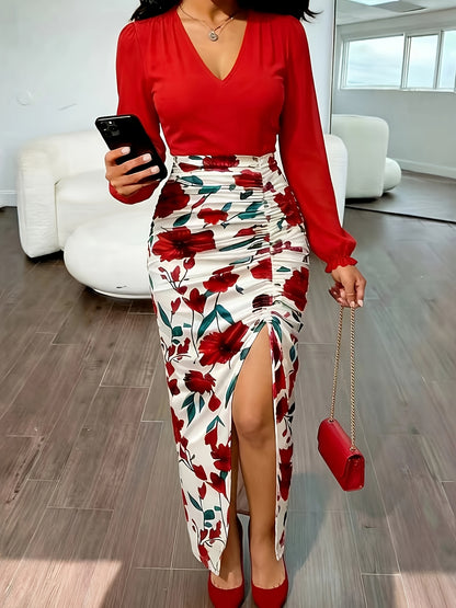 Floral Print Splicing Dress, Elegant Drawstring Long Sleeve Dress, Women'S Clothing