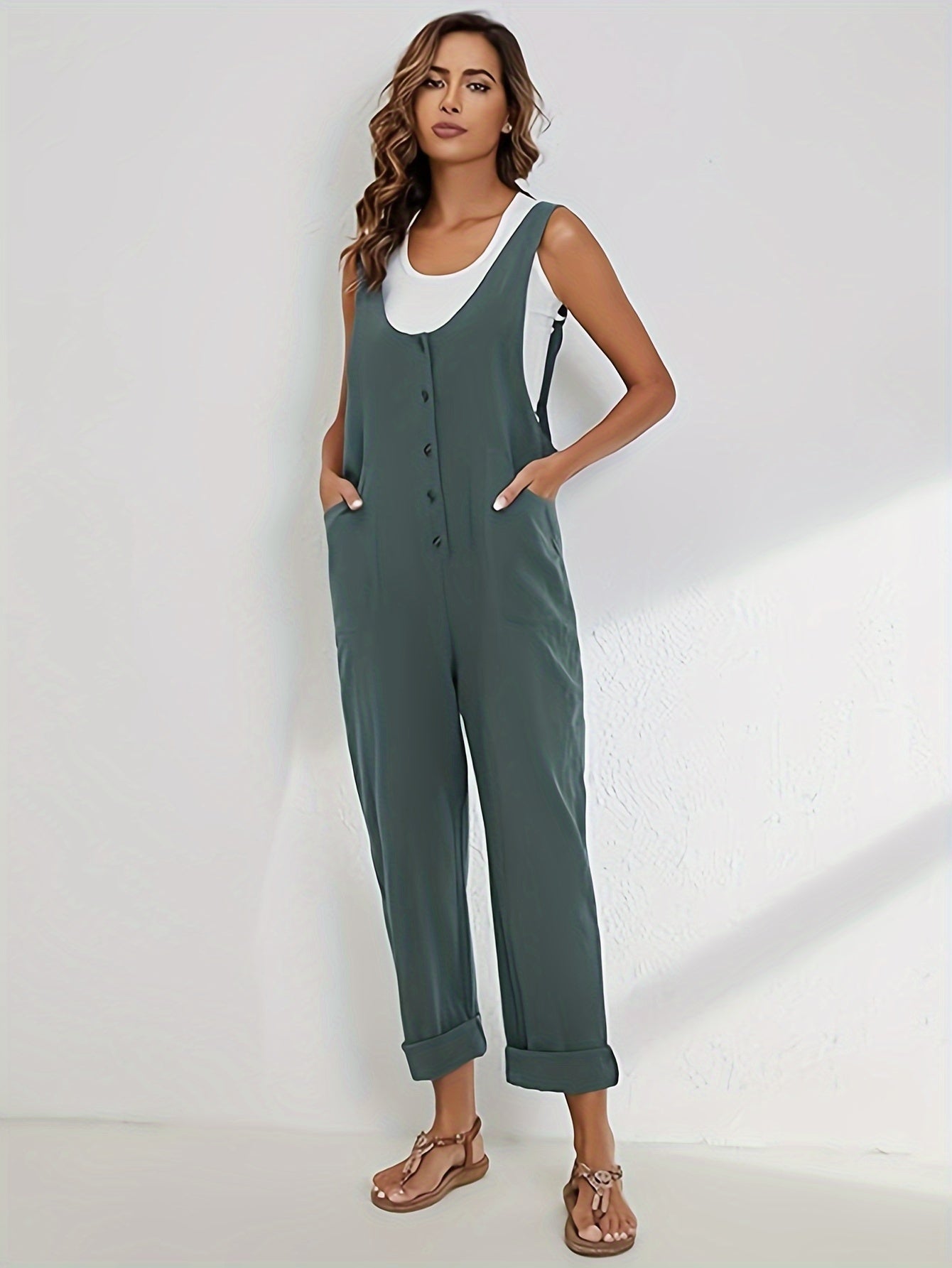 Women'S Overalls Linen Jumpsuits Loose Casual Jumpers with Pockets