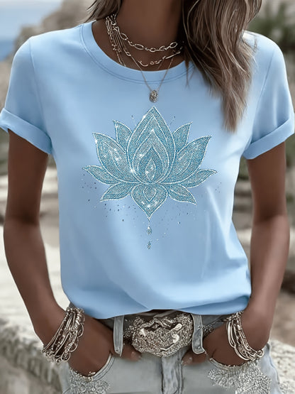 Inner Peace Mandala Plant Floral Pattern Printed T-Shirt Casual Short Sleeve Round Neck Top Fashionable All-Season Women'S Clothing