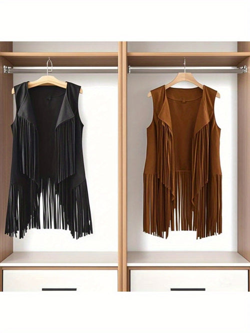 Women' Faux Suede Fringe Vest with Tassels - Western Cowgirl Jacket, Soft Flip-Collar Sleeveless Waistcoat Coat for All-Season Wear, Casual Outfits & Themed Events (Medieval Renaissance Fair) - Solid Color Plain Matching Outerwear