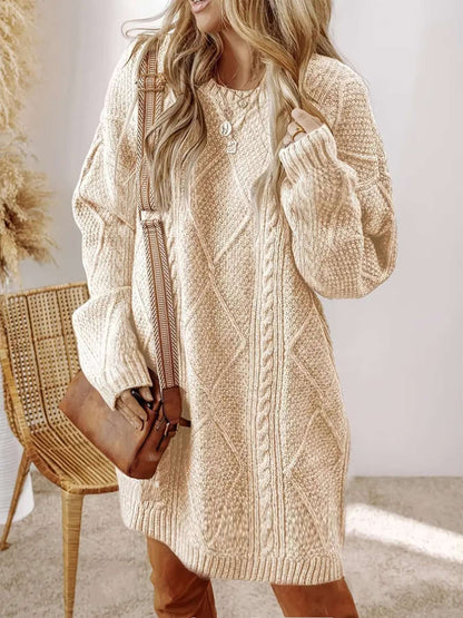 Plus Size, Beige Cable Sweater Dress - Oversized Slouchy Mid-Length Dress with Drop Shoulder, Cozy Winter Dress for Fall/Winter, Beige Cable Pattern Pullover, Elegant Casual to Dressy Wear