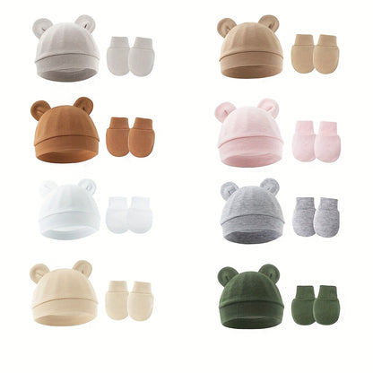 6pcs Baby Hat Set Solid Color Warm Earmuffs Newborn Baby Swaddle Hat Anti-Grab Gloves
