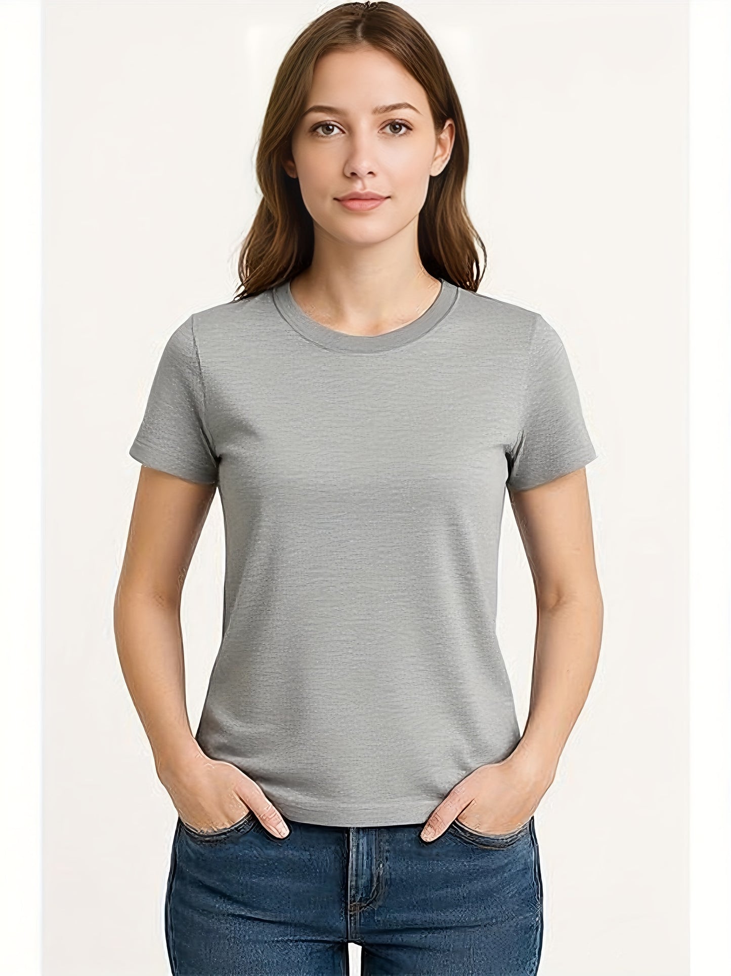 6pcs Women'S Quick Dry Crew Neck Short Sleeve T-Shirt, Moisture Wicking, 50+, White, Iron Gray, Silver Gray, Red, Fluorescent Green, Lake Blue Size S-2XL