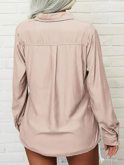 Women's Solid Color Lapel Long Sleeve Button- Shirt - Casual & Office Versatile Blouse, Machine Washable Spring/Fall Top with Classic Collar Design