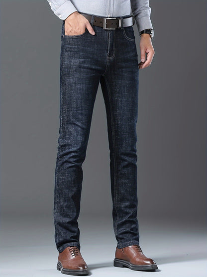 Four Seasons New High-Quality Men's Jeans High Elasticity China Style Business Straight-Leg Stretch Formal Long Pants No Belt