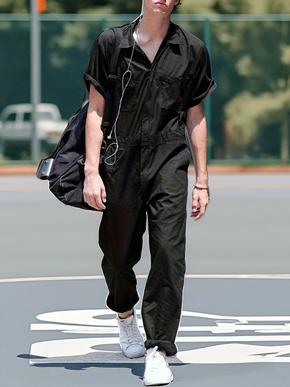 Men's Plus Size Short Sleeve Coverall Jumpsuit, Four-Way Stretch Fabric, Rolled Short Sleeves, Stand-Up Collar Half-Open Placket, Multi-Pocket Design, Industrial/Utility Style Casual Workwear, Effortlessly Shaping a Men's Casual and Trendy Look
