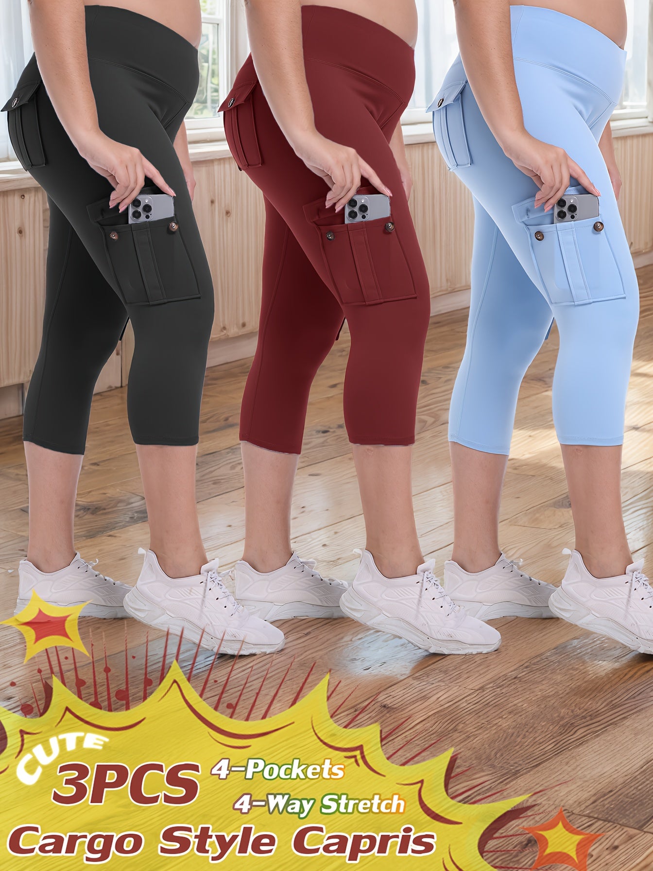 3-packs High Waist Yoga Capri Pants 3pcs Capri Pants Set, 4 Way Stretch Butt Lifting Tummy Control, 4 Button Pockets Workout Running Sports Pants