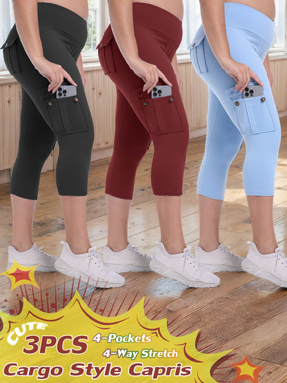 3-packs High Waist Yoga Capri Pants 3pcs Capri Pants Set, 4 Way Stretch Butt Lifting Tummy Control, 4 Button Pockets Workout Running Sports Pants
