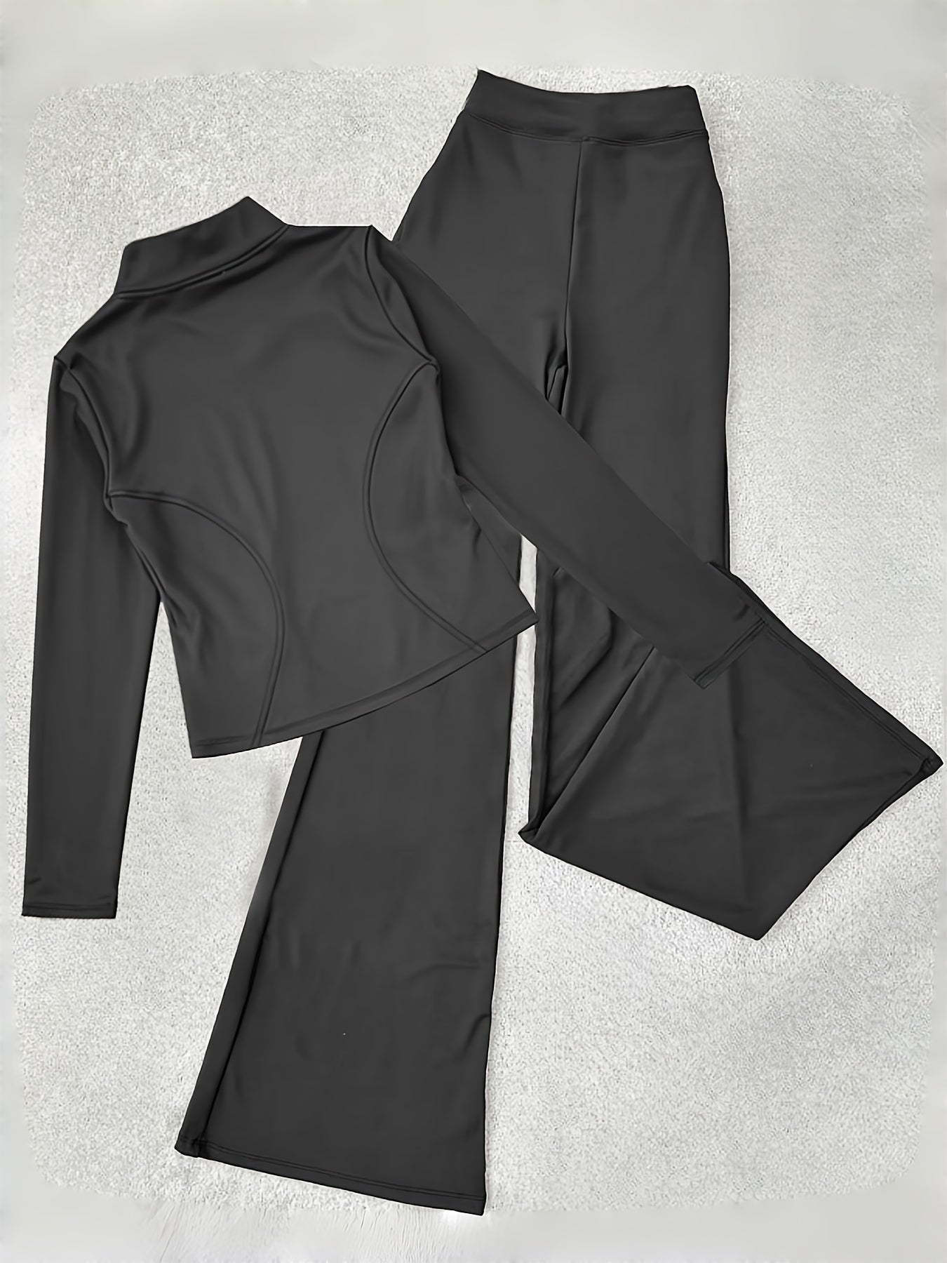 Zippered Long-sleeved Top with Flared Pants Set - Fashionable And Elegant Women's Outfit for Daily Casual Wear, And S. Available In Black, Gray And Beige Colors. Women's Tight Casual Outdoor Attire.