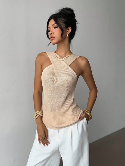 Casual, Niche Design, Crossover Neck Sweater, Summer Women'S Clothing, Sleeveless Top For Women.