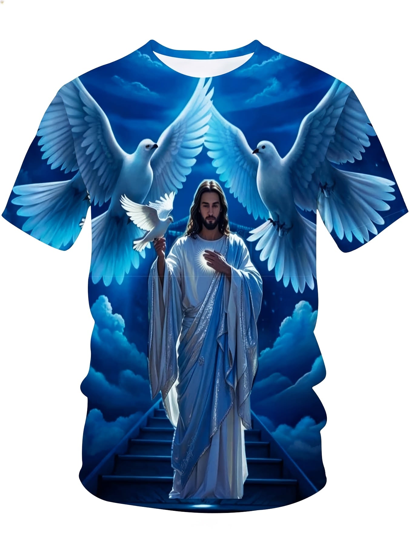 Jesus Christ With Doves And Heavenly Stairs Religious Christian T-Shirt For Men Full Print Design Faith Inspired Apparel, Plus Size
