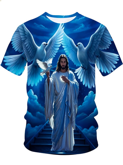Jesus Christ With Doves And Heavenly Stairs Religious Christian T-Shirt For Men Full Print Design Faith Inspired Apparel, Plus Size