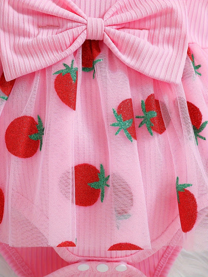 Long-Sleeve Knitted Striped Bodysuit for Girls, Featuring a Strawberry Tulle Skirt And a Cute Bow, Perfect for Spring And Autumn Outings, for Outdoor