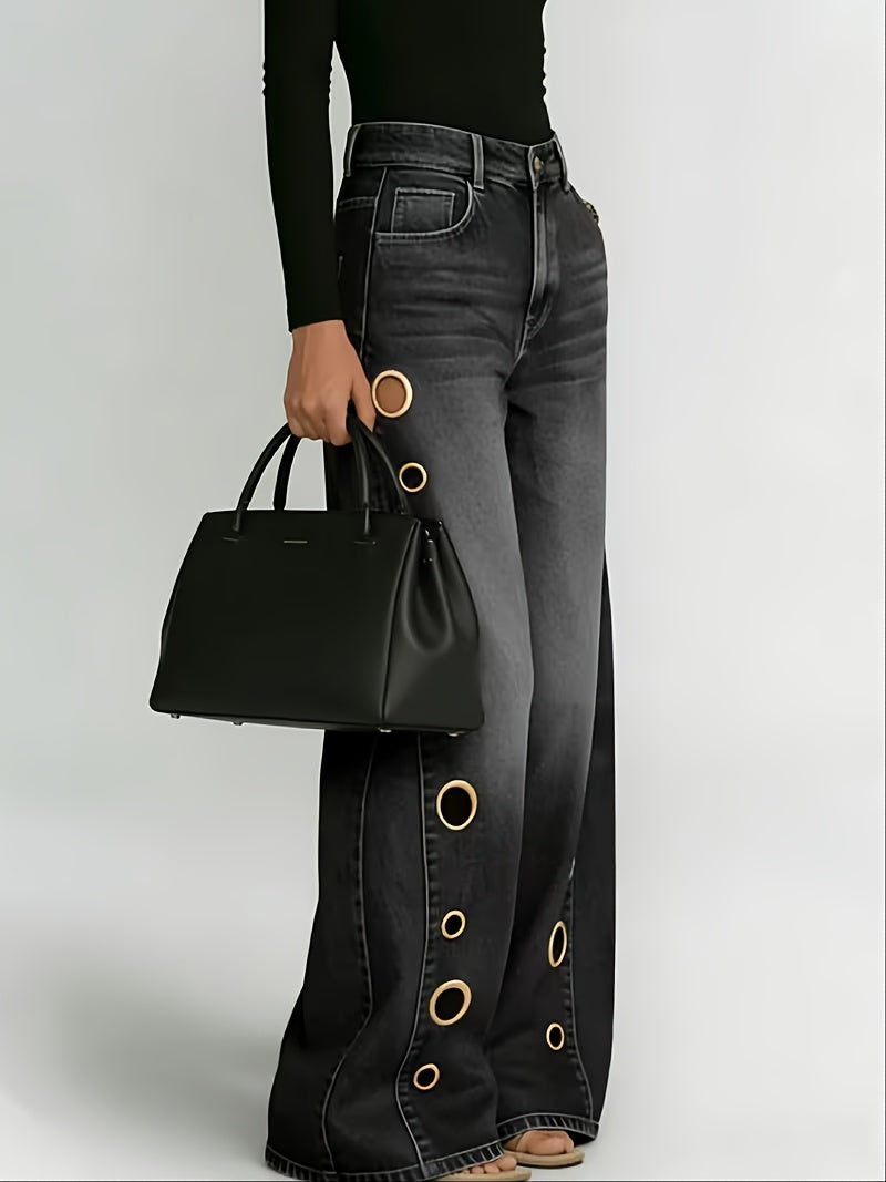 [Retro Denim Jeans] New Retro Style Denim Jeans for Women, With Metal Eyelets Designed for Casual And Loose Fit, High Waisted And Wide Leg Jeans, Street Cool Women's Clothing, Black Retro Blue Light Blue Women's Straight Leg Denim Pants