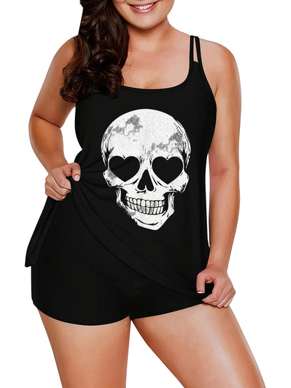Adorable Skeleton-Themed Two-Piece Swimsuit for Women, Featuring a Stylish Black Design with a Conservative Double Shoulder Tankini Style, Perfect for a Laid-Back Halloween Look
