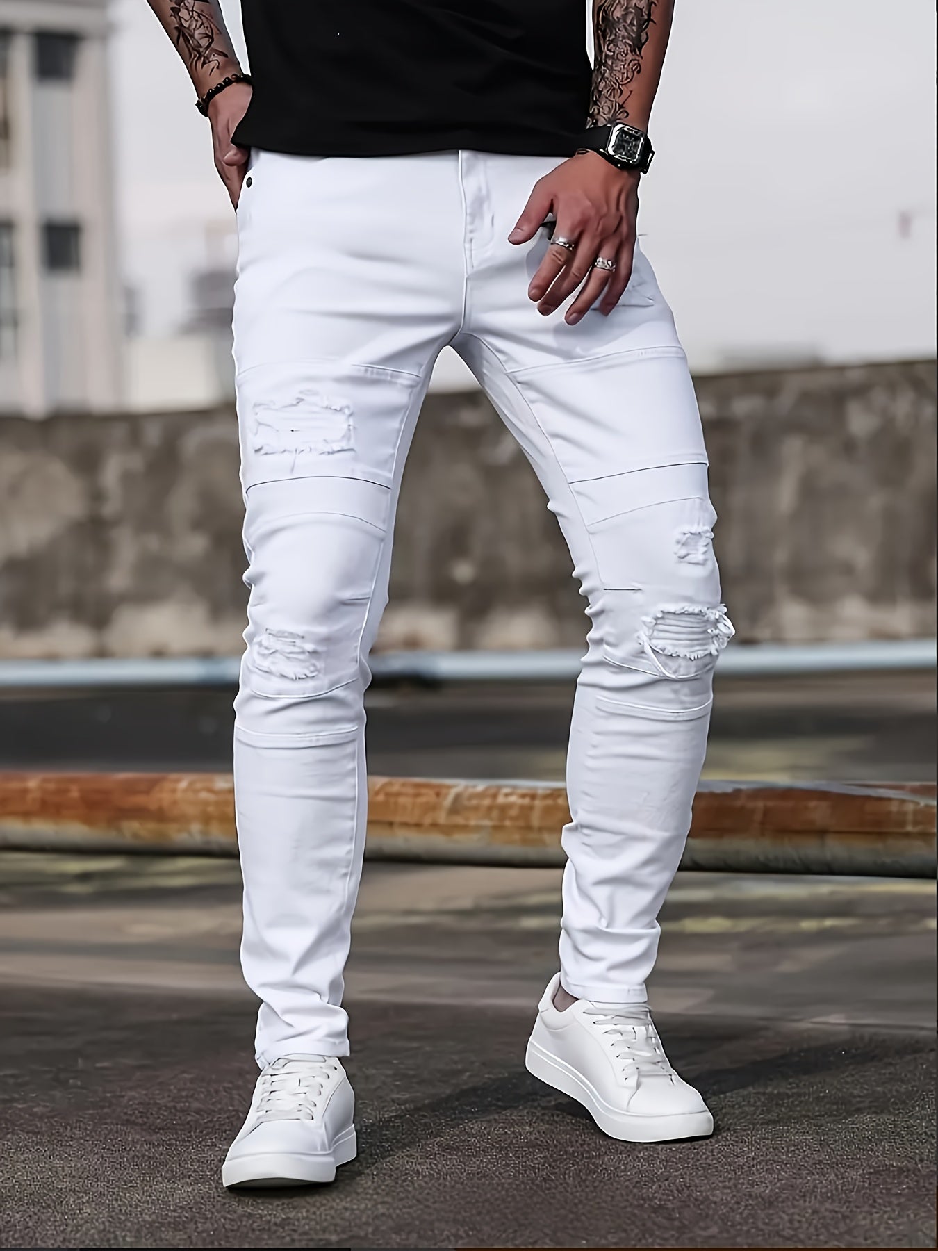 [HME] Men'S Casual Jeans, Fashionable Perforated Patch Style, Three-Dimensional Cut And Patchwork Design, Mid-Waist Elastic Slimming Skinny Pants, Suitable for All Seasons, Essential for Daily Casual Wear Men'S Denim Long Pants