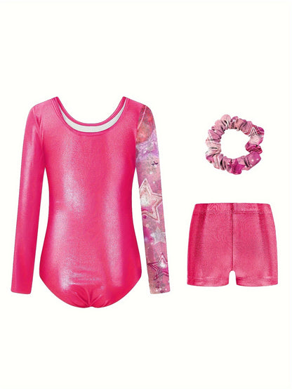 Girls' 3pcs Gymnastics Leotard Set with Stars Pattern, Long Sleeve Bodysuit & Matching Shorts - Includes Hairband, Stretchy & Breathable Fabric for Dance Training, Perfect for Outdoor, All Seasons, Gift for Back-to-School Season, Beach Essentials