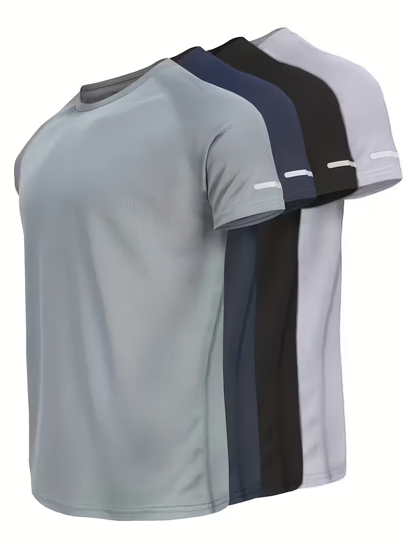 4pcs, Men's Solid Sports T-shirts with Reflective Strips, Breathable And Quick Dry Short Sleeve Crew Neck Tees, Moisture Wicking Tops for Gym, Fitness And Running Wear