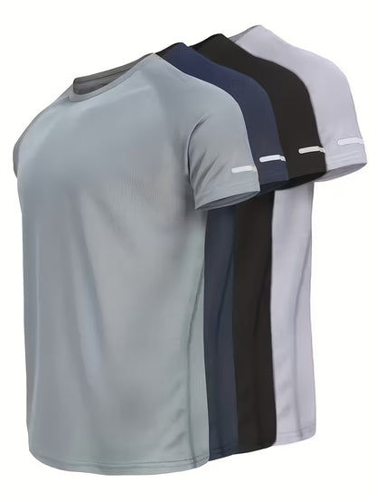 4pcs, Men's Solid Sports T-shirts with Reflective Strips, Breathable And Quick Dry Short Sleeve Crew Neck Tees, Moisture Wicking Tops for Gym, Fitness And Running Wear