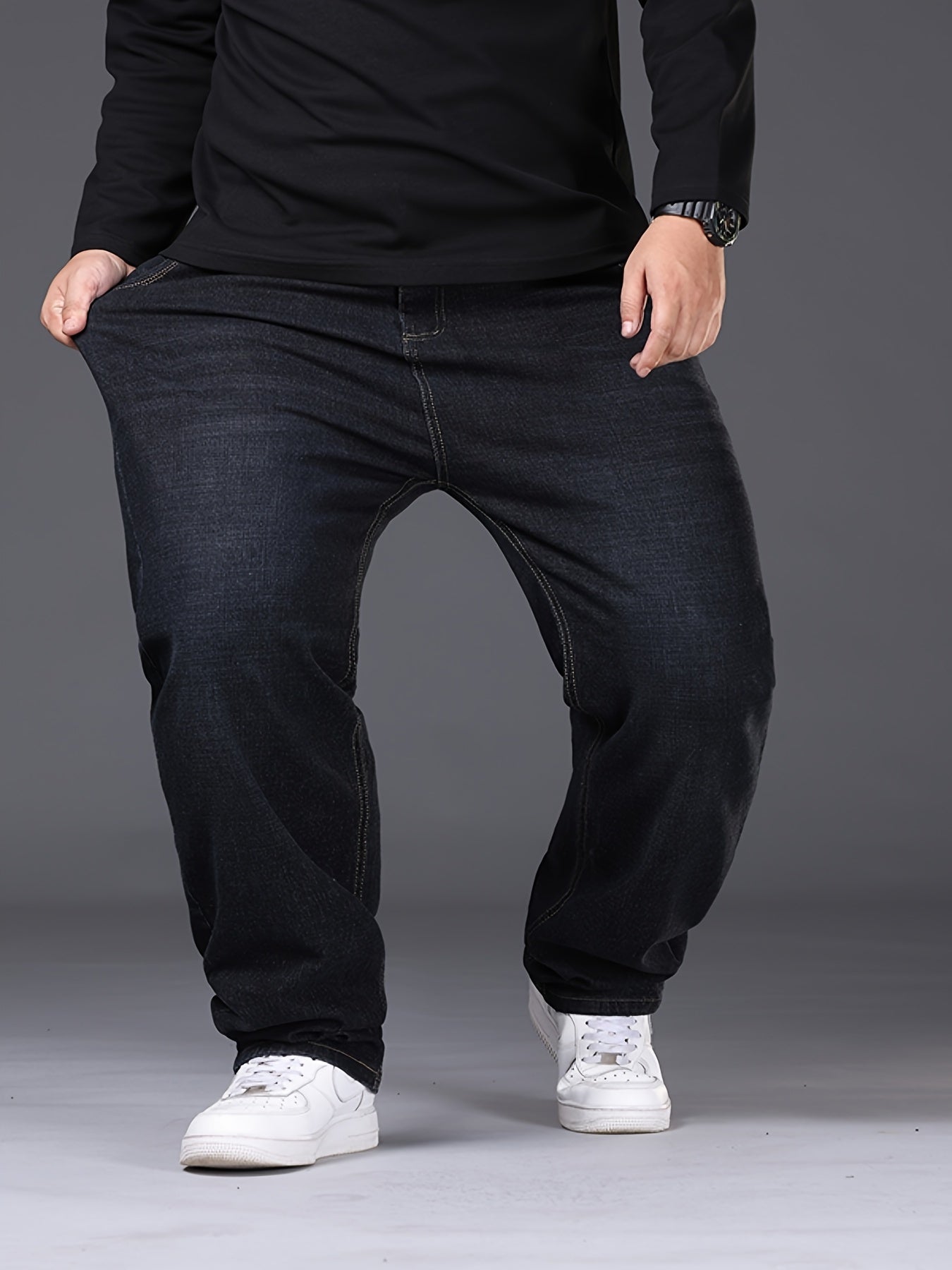 Men's Plus Size High-Stretch Wide-Leg Straight Leg Jeans - Loose Fit Business Casual Pants with Five-Pocket Design, Straight Leg Trousers Suitable for All Seasons, Machine Washable for Office, Casual Attire & -Casual Outfits, PLUS SIZE