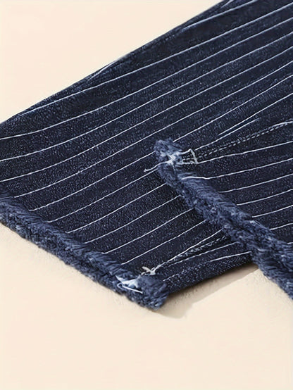 Striped Print Raw Hem Retro Casual Style Capri Denim Pants, Women's Denim Jeans & Clothing
