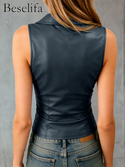 Ladies Lapel Sleeveless Slim Fit Casual Versatile Elegant Vest | Suitable for Daily Wear, Casual Dates, Parties, Solid Color, Zipper Detail, Spring/Summer Season