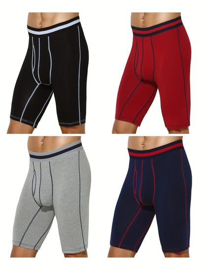 4pcs Men's Long Leg Cotton Underwear Total Support Pouch Boxer Briefs with Open Fly Pouch, Men's Cycling Sports Wear Bottoms, Moisture Wicking & Breathable Slimming Shapewear Body Shape for Men