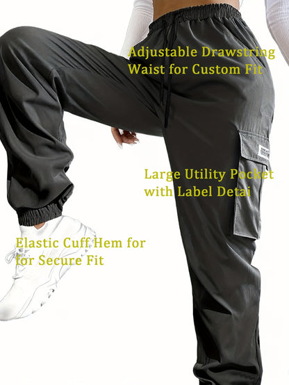 Women'S Zippered Pocket Cargo Pants, Stylish Large Pocket Design, Drawstring Elastic Waistband, Casual Outdoor/everyday Wear Trousers