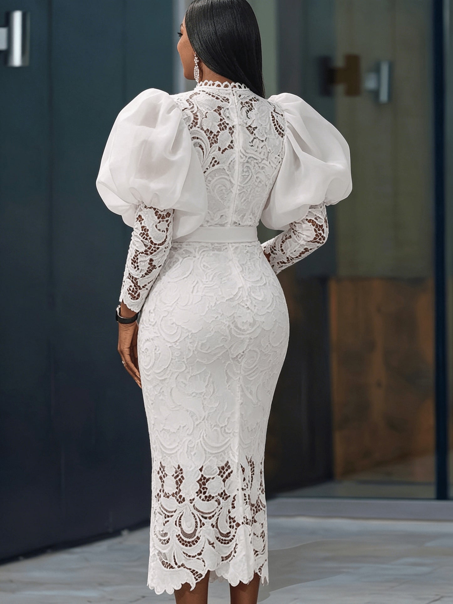 Plus Size, New Arrival Women's Lace-Trimmed Bubble Sleeve Party Dress with Round Neckline And Three-Quarter Length Sleeves