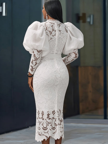 Plus Size, New Arrival Women's Lace-Trimmed Bubble Sleeve Party Dress with Round Neckline And Three-Quarter Length Sleeves