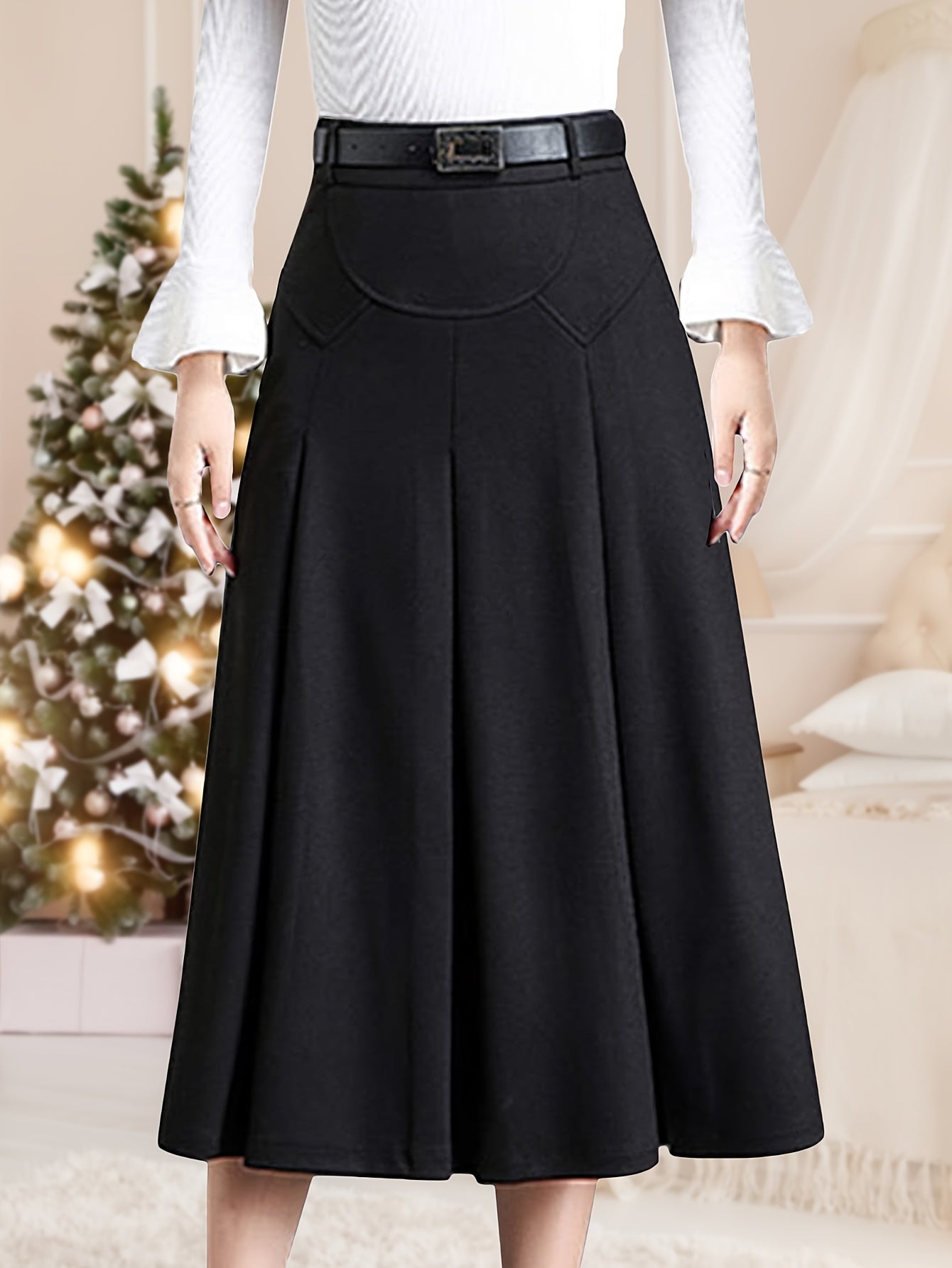 Women's Black Wool High-Waist Pleated Skirt - product view 10