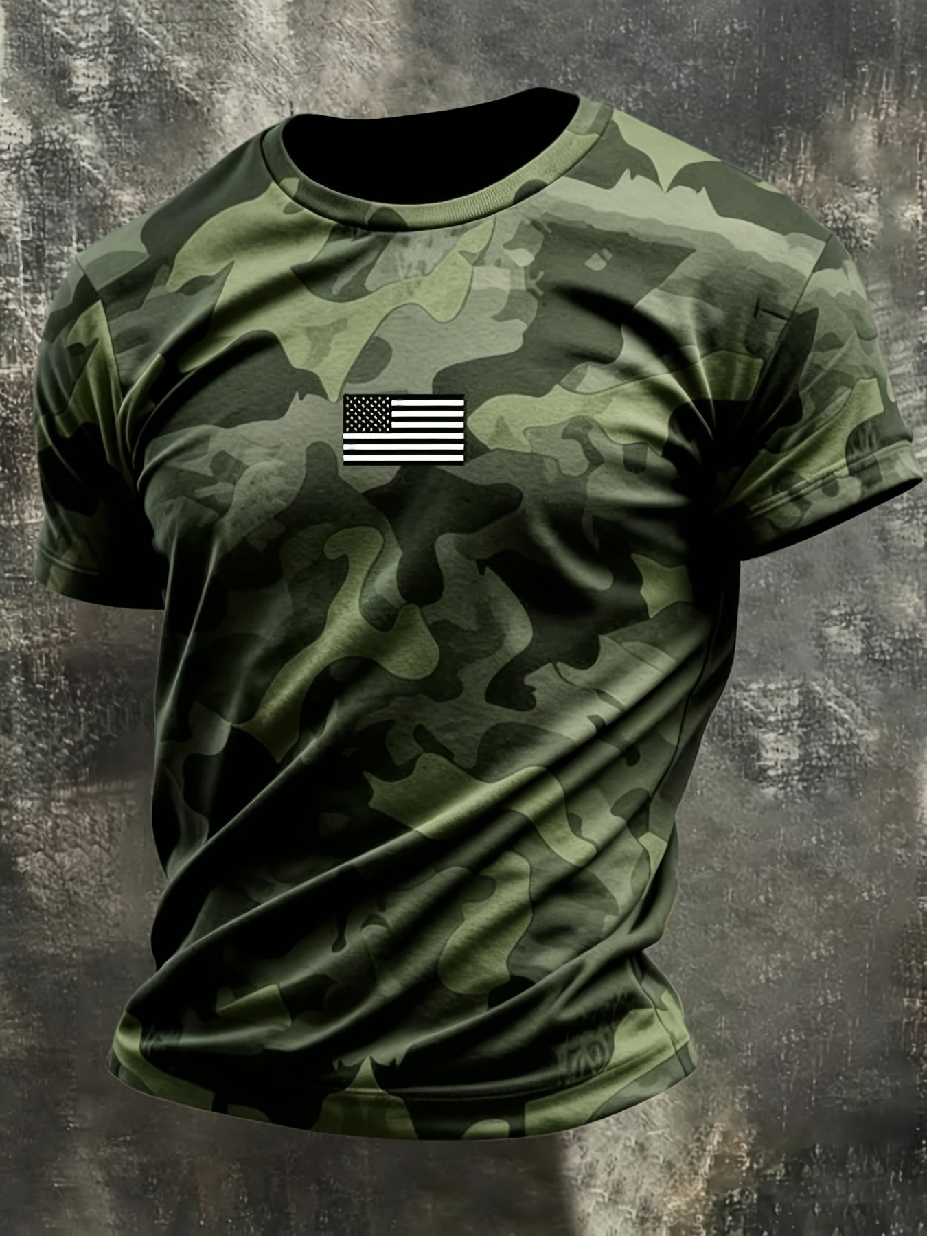 Trendy Orange Black Camouflage Splicing Design, Mini American Flag on Chest, Round Neck Short Sleeve Silhouette, Casual And Versatile, Plus Size Friendly, Suitable for Outdoor Commuting, Showcasing American Tough Guy Style