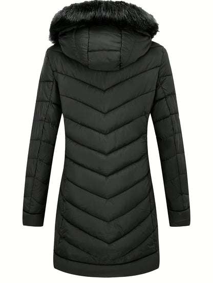 Zip-up Faux Trim Hoodie Puffy Coat, Casual Thermal Long Sleeve Coat for Fall & Winter, Women's Clothing