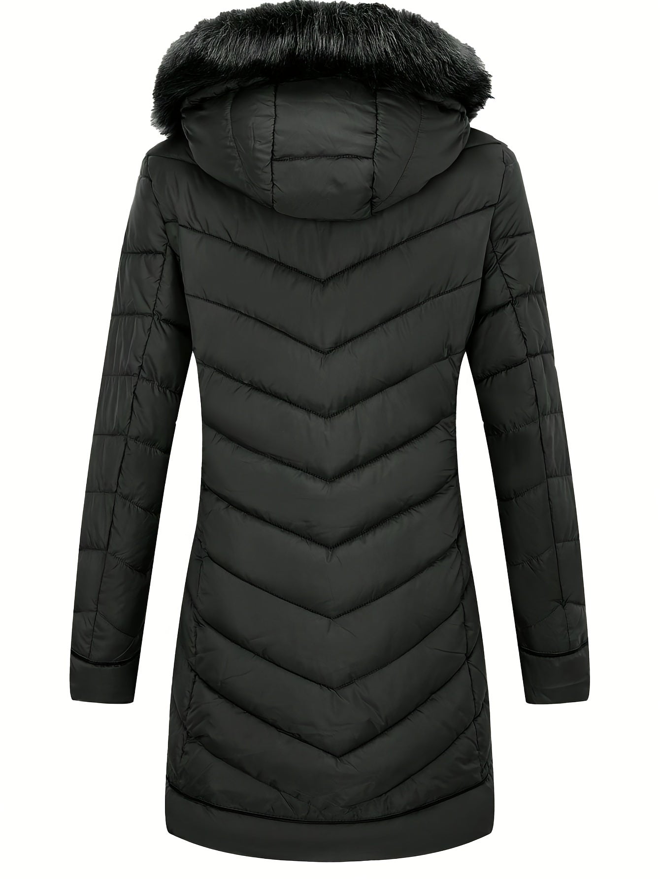 Zip-up Faux Trim Hoodie Puffy Coat, Casual Thermal Long Sleeve Coat for Fall & Winter, Women's Clothing