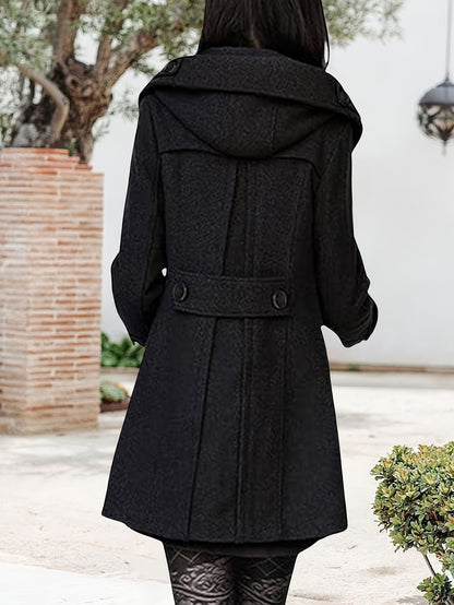 Women'S Hooded Double-Breasted Wool Blend Mid-Length Elegant Casual Coat