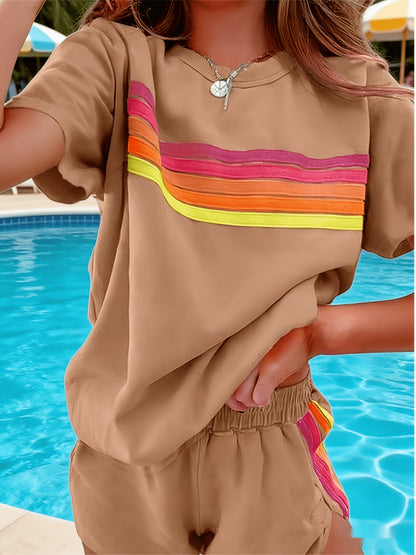 2pcs Set Elevate Your Style with Our Chic Color-Block Shorts Set in White, Blue, Pink, Or Light Brown